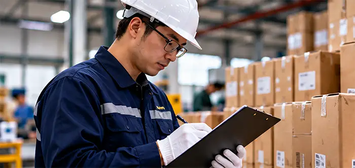Quality control inspector reviewing products in China